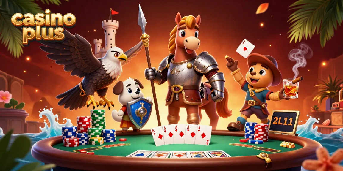 Engage in casino plus with a 3D knight, squire puppy, and falcon on a vibrant poker table.