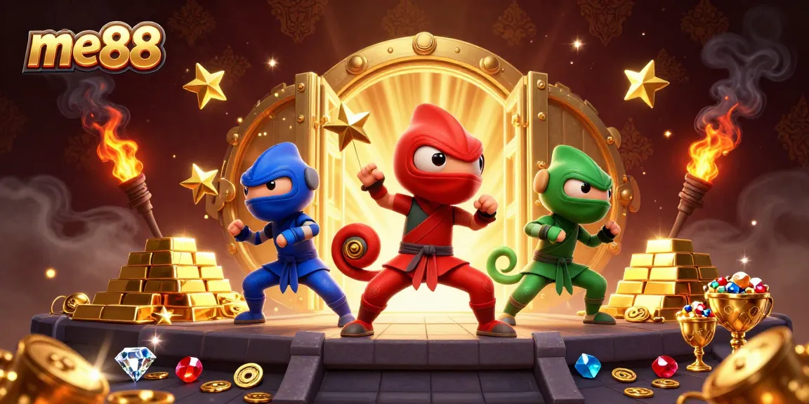 Experience thrilling gaming at me88 with chameleon ninjas and dazzling treasures surrounding them.