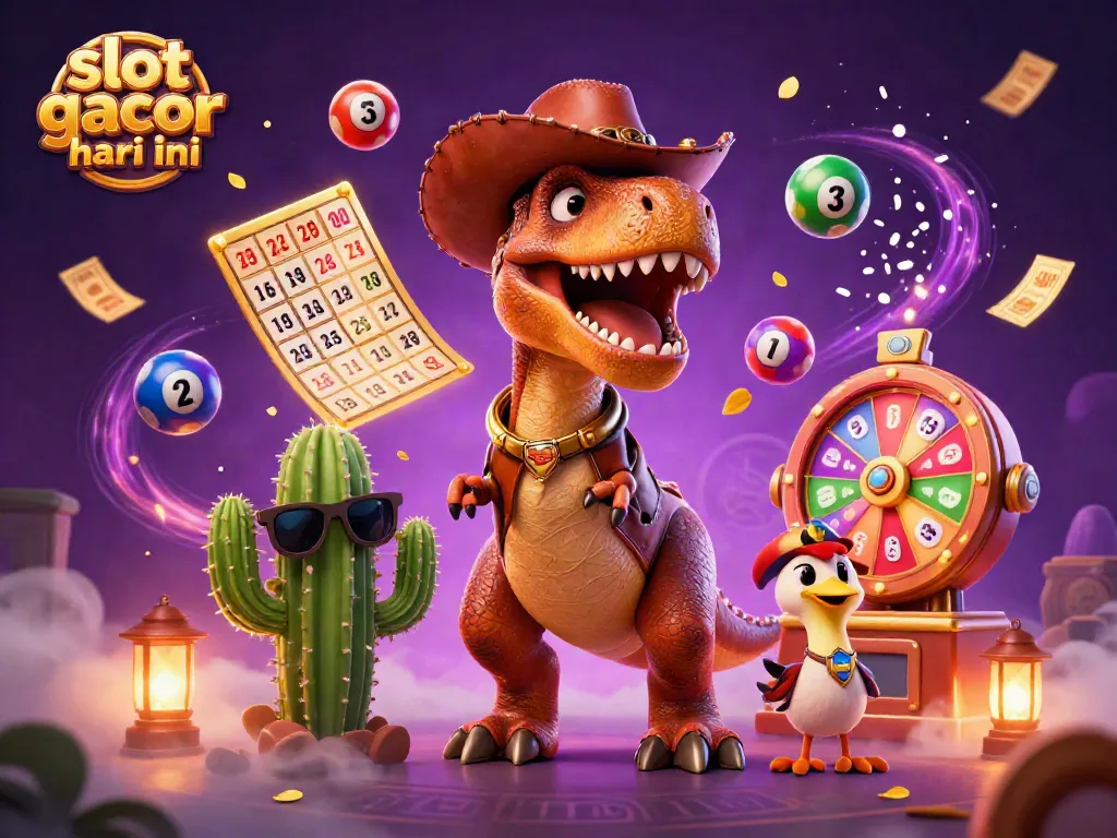 Experience excitement at slot gacor hari ini with a 3D cartoon dinosaur, lottery elements, and vibrant colors.
