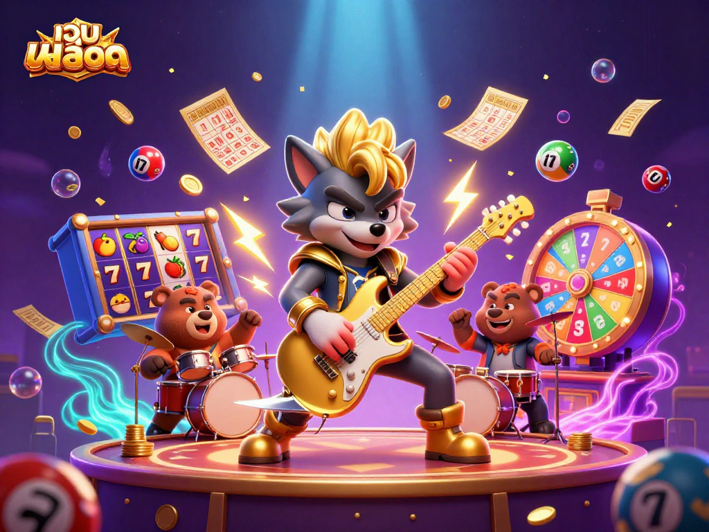 Engage with เว็บสล็อต featuring dynamic slot reels, a rock star wolf, and thrilling golden effects.
