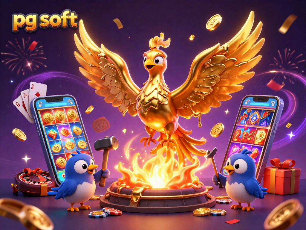 Experience winning thrills with pg soft as golden coins emerge from a phoenix in this vibrant casino scene!