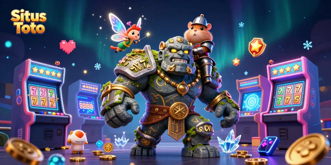 Situs Toto: Experience the vibrant gaming scene with a golem guardian and magical elements in an exciting casino-themed illustration.