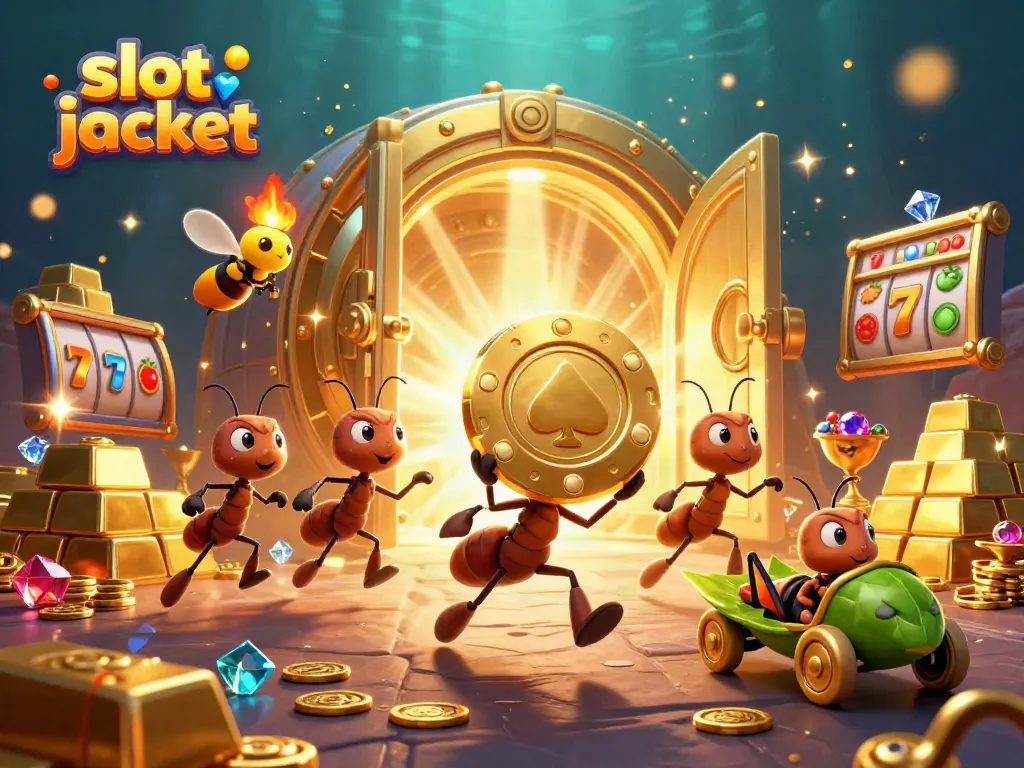 Menyaksikan slot jackpot, tim semut 3D mencuri chip poker emas dalam ilustrasi kasino yang dinamis.