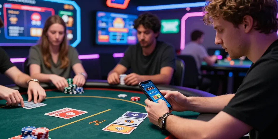 Permainan dewapoker dengan pemain serius, chips dan kartu di meja virtual.