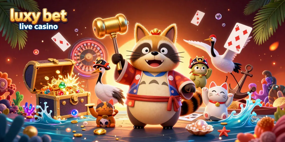 Experience excitement at luxy bet live casino with a lively illustration showcasing vibrant characters and casino elements.