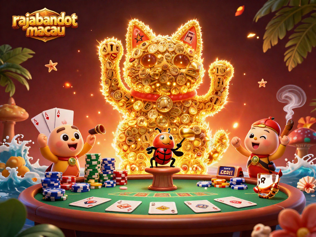 Bermain di rajabandot macau dengan simbol keberuntungan yang bersinar di meja poker dan suasana penuh warna.