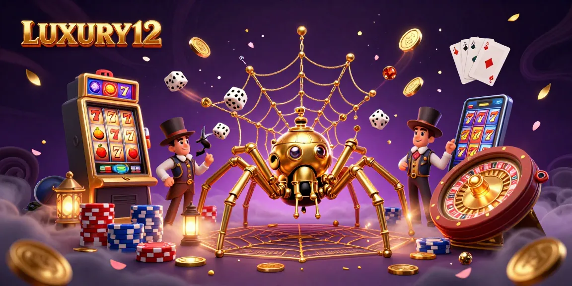 LUXURY12 players winning big with exciting slot reels and golden coins in a vibrant casino scene.