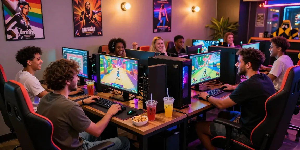 Group enjoying a gay ecchi game in a lively gaming café filled with colorful decor and joyful atmosphere.