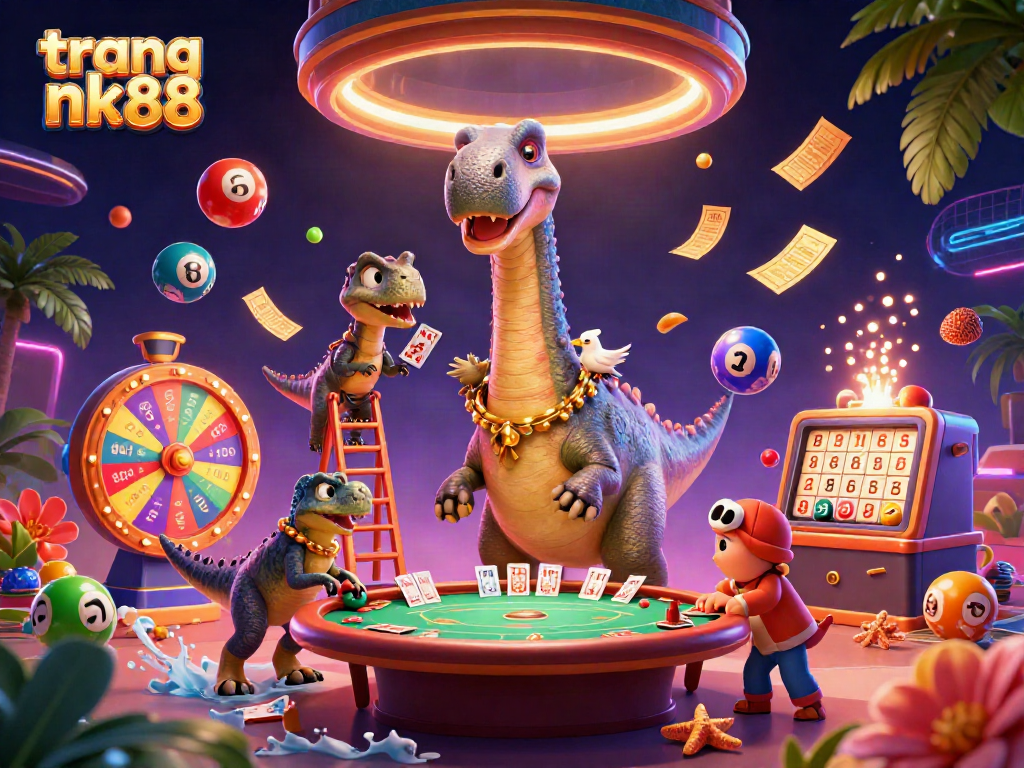 Experience dynamic gameplay at trang nk88 with brontosaurus and clever raptor in a vibrant casino scene.
