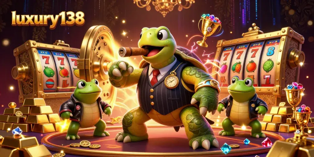 Experience thrilling gameplay with luxury138, featuring a vivid scene of a snapping turtle mobster in a casino setting.