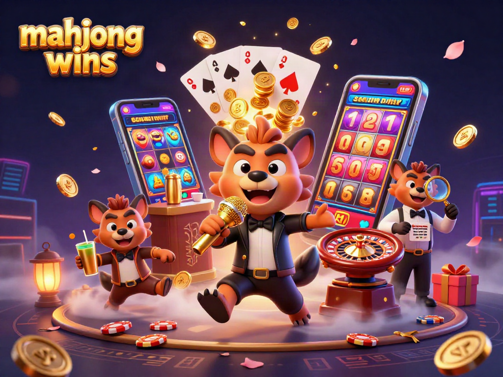 Boost your mahjong wins in this vibrant comedy casino scene with hyenas and game elements.