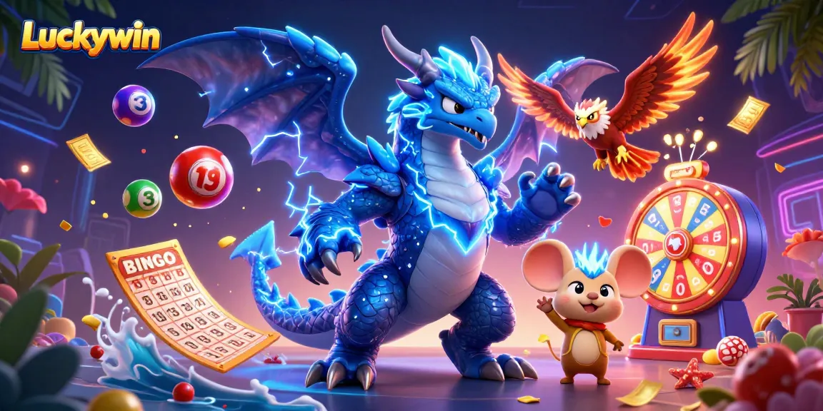 Join the excitement at Luckywin as a thunder dragon and friends showcase lively casino games.