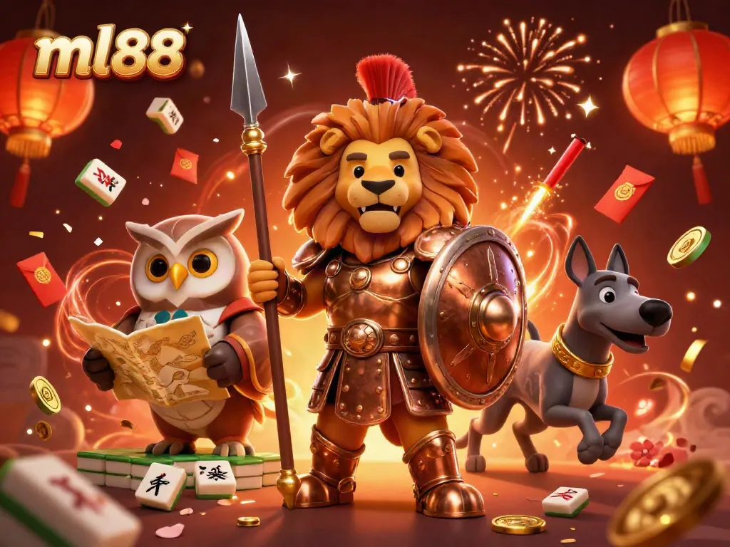 Engage in exciting gaming at ml88 with a vibrant 3D scene featuring a Spartan lion and festive elements.