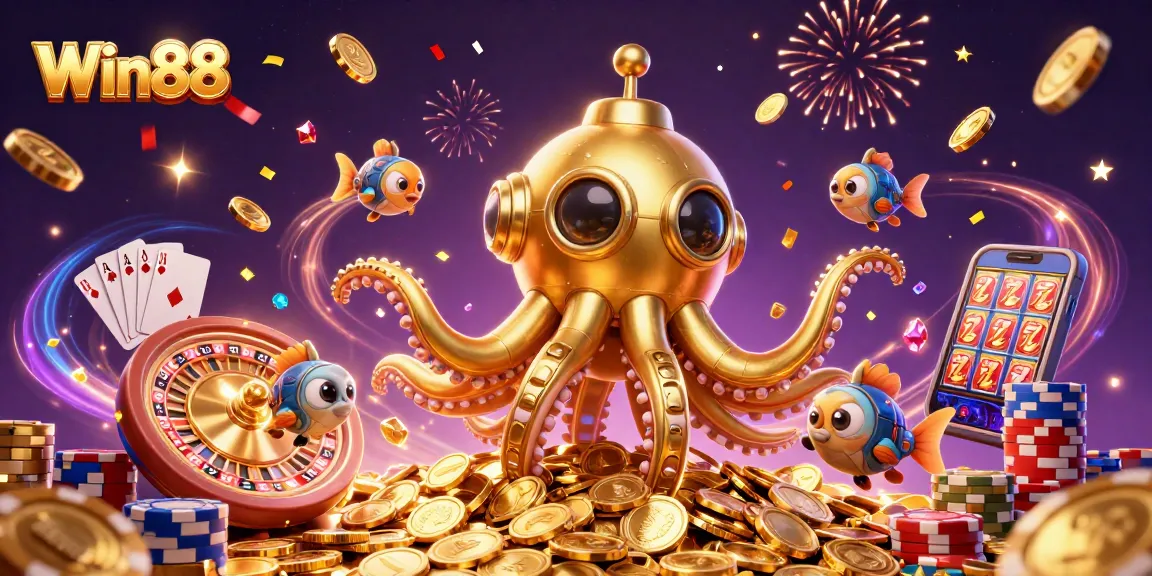 Win88 theme illustrated with a cartoon kraken submarine and golden coins exploding in action.
