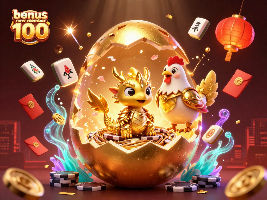 Play and win with bonus new member 100 at a vibrant, animated casino scene with gold-themed characters.
