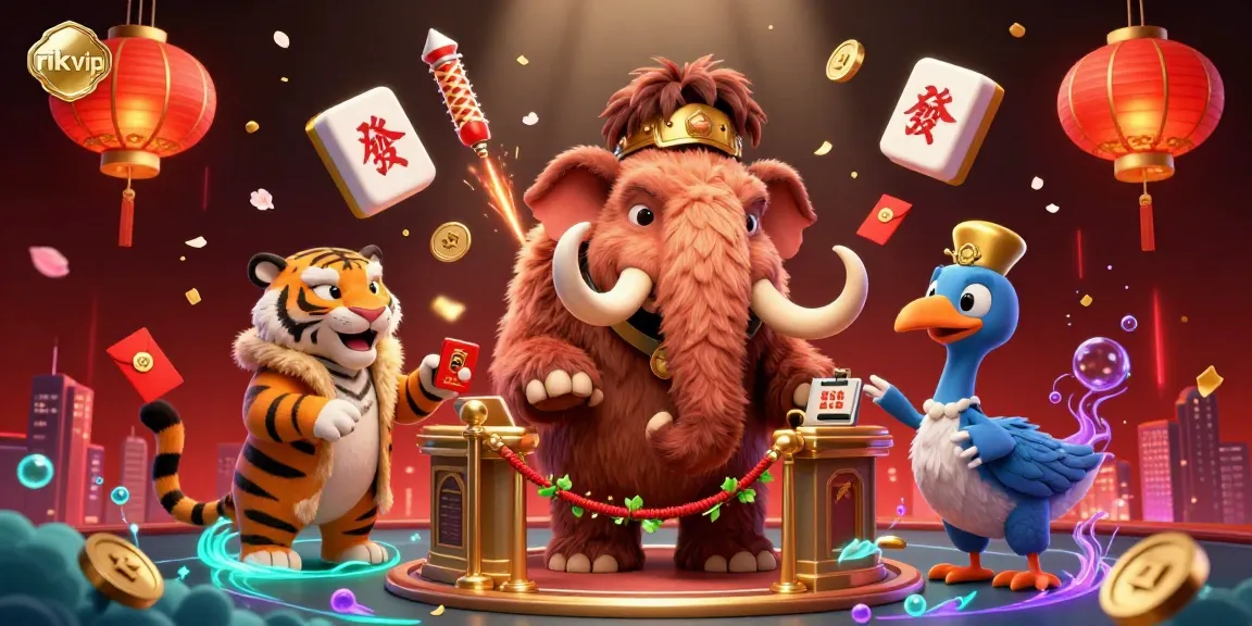 Experience jackpot excitement at rikvip with a vibrant casino scene featuring a woolly mammoth bouncer and vibrant game elements.