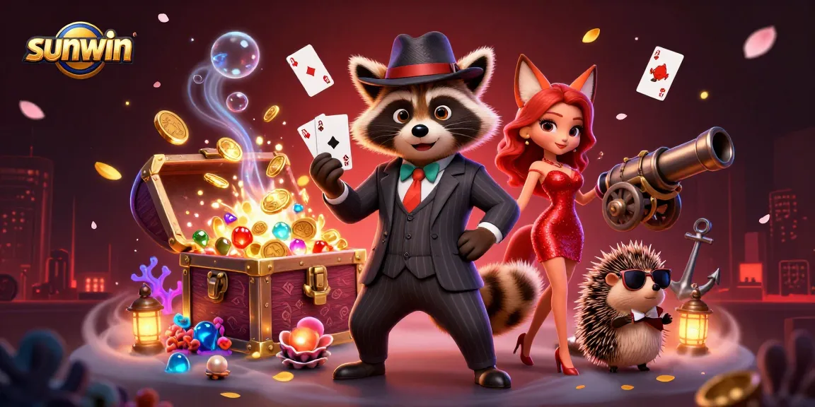 sunwin illustrates an exciting casino scene with charming characters celebrating winning hands and rewards