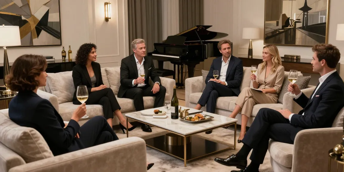 Acara santai dengan suasana mewah menggunakan LUXURY 111, orang-orang bergaya menikmati wine di ruang tamu elegan.