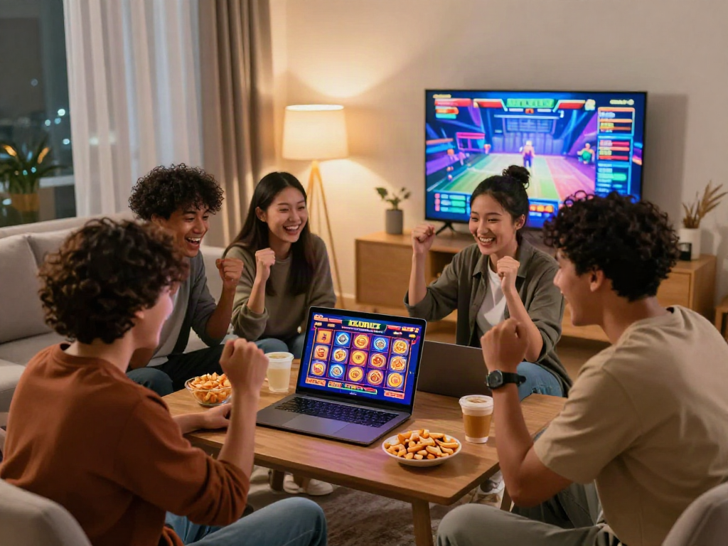 Friends enjoying online gambling at akunjp in a cozy living room.