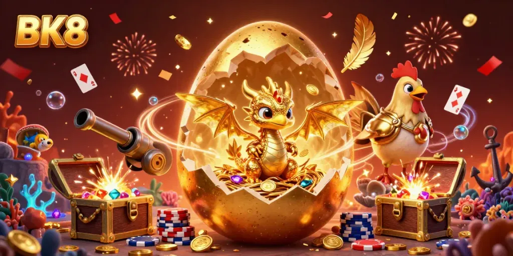 Engage in thrilling gameplay with BK8 as a golden dragon emerges from a treasure-filled scene.