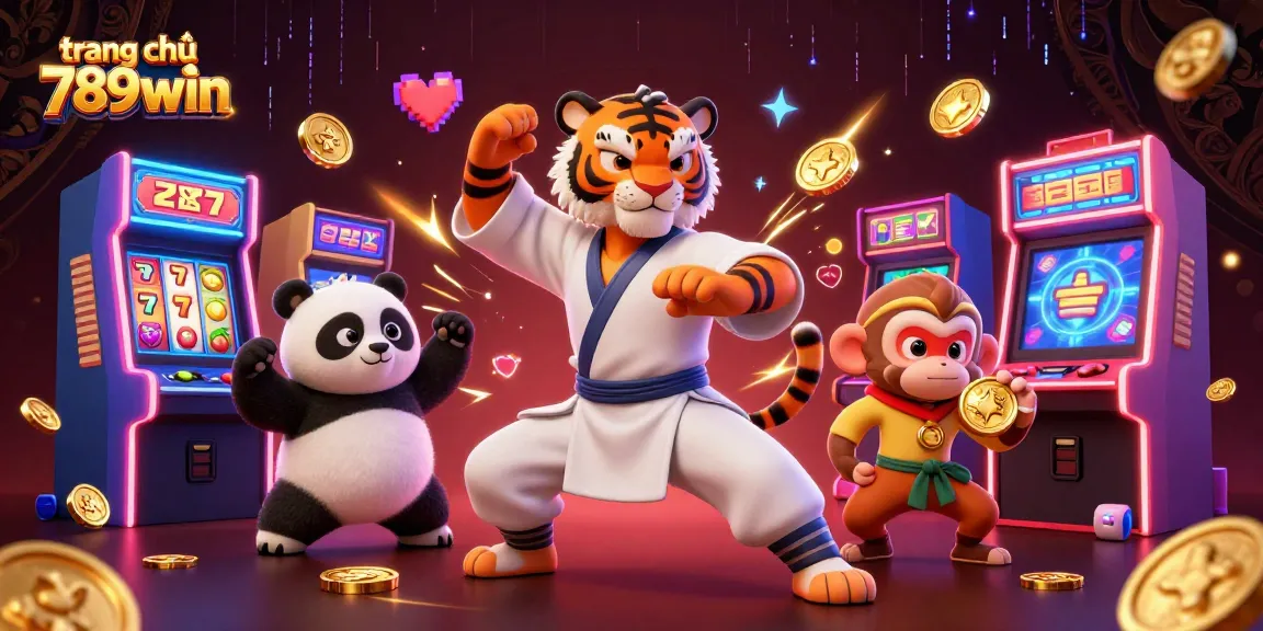 Spin the reels with trang chủ 789win featuring a kung fu tiger master amidst vibrant slot machines.