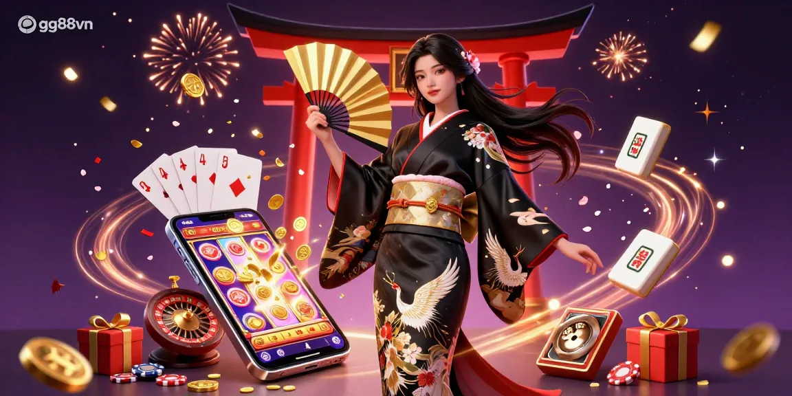 Engage with gg88vn's vibrant gaming environment featuring a woman in a kimono surrounded by casino elements.