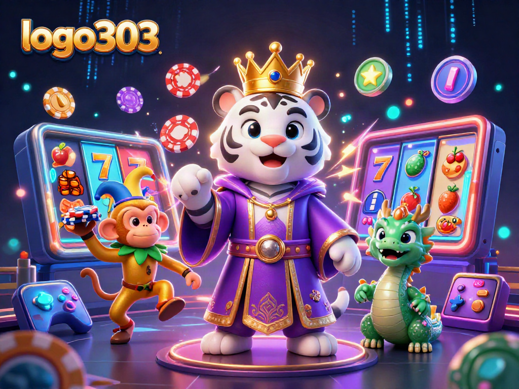 Logo303 memikat pemain dengan harimau megah dan simbol slot yang ceria.