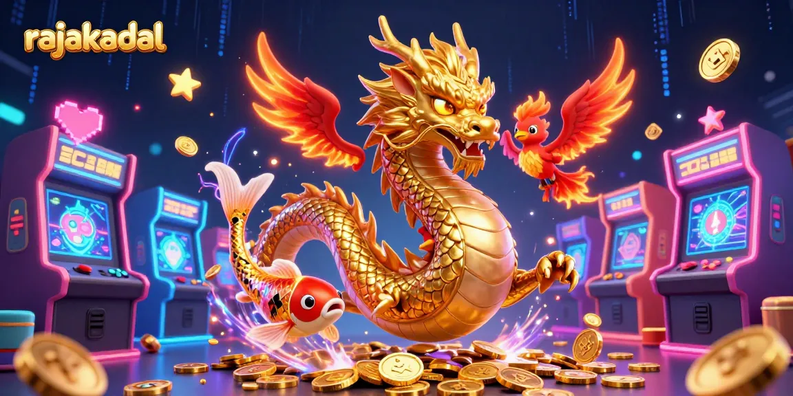 Permainan menarik di rajakadal dengan naga emas dan phoenix di tengah harta karun koin.