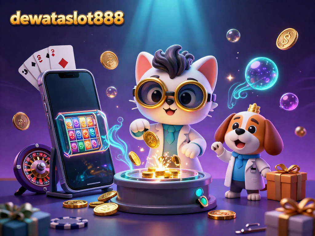 Mainkan permainan slot dengan dewataslot888 bersama karakter lucu di dunia penuh koin emas dan efek cahaya.