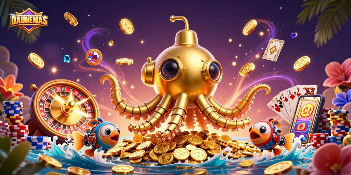Engage with DAUNEMAS by exploring a vibrant casino world featuring a golden kraken and mechanical fish amidst cascading gems and coins.