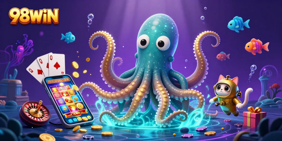 Engage with exciting 98WIN casino adventures featuring a colossal kraken and whimsical diving cat.