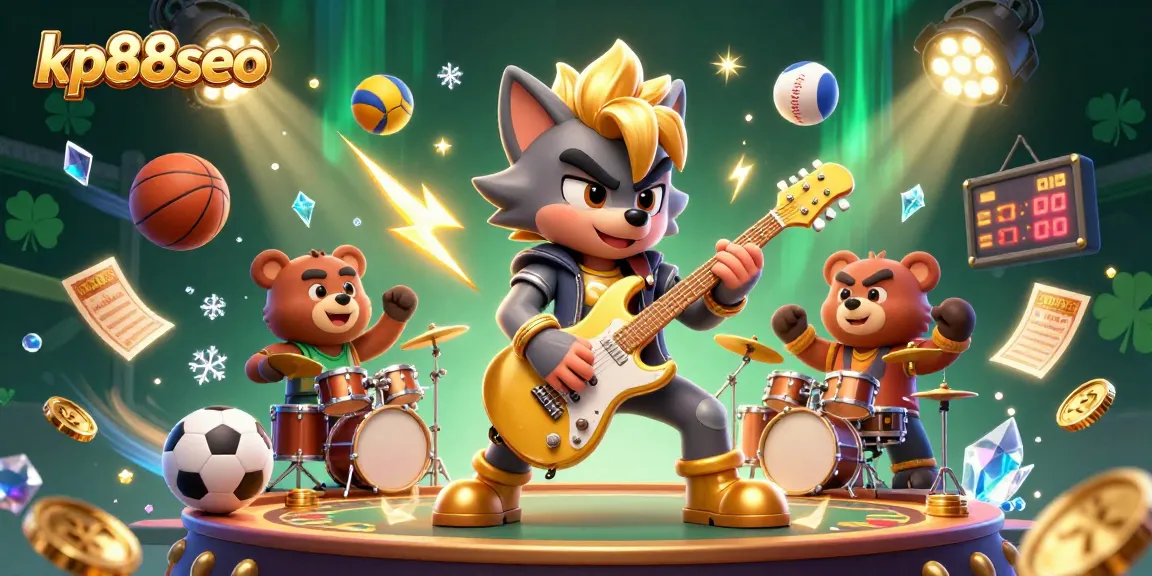 Bet on excitement with kp88seo in a vibrant 3D casino scene featuring rock star characters and sports elements.