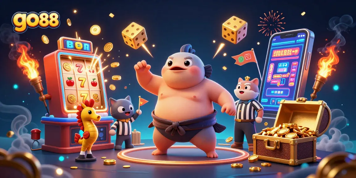 Win big with go 88 as a 3D fugu and wise catfish referee celebrate in a vibrant casino scene.
