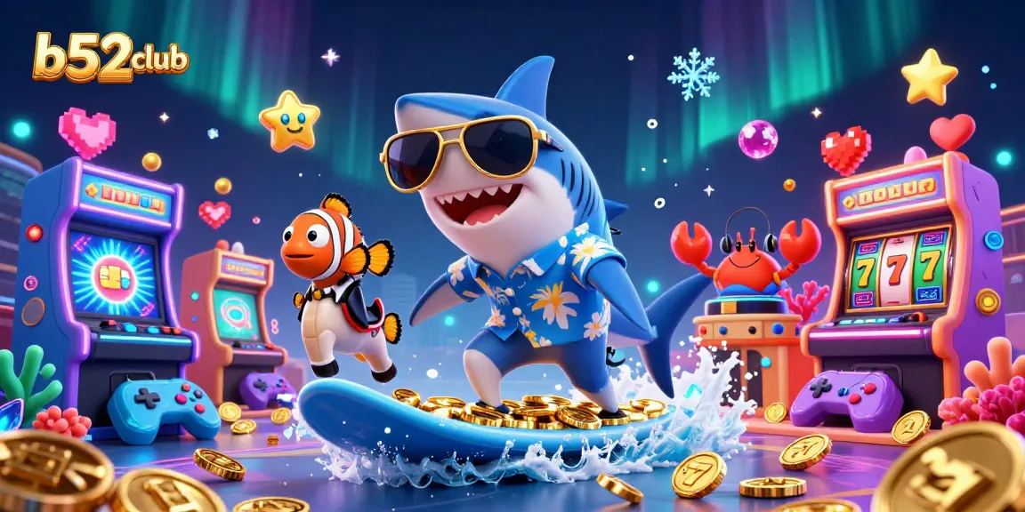 B52club showcases a vibrant 3D illustration of a shark and friends enjoying slot games, capturing the excitement of online gambling.