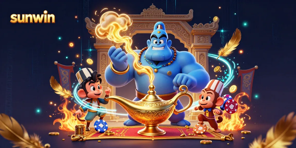 Engaging sunwin casino illustration featuring a genie, monkey, and magic carpet in a vibrant scene.