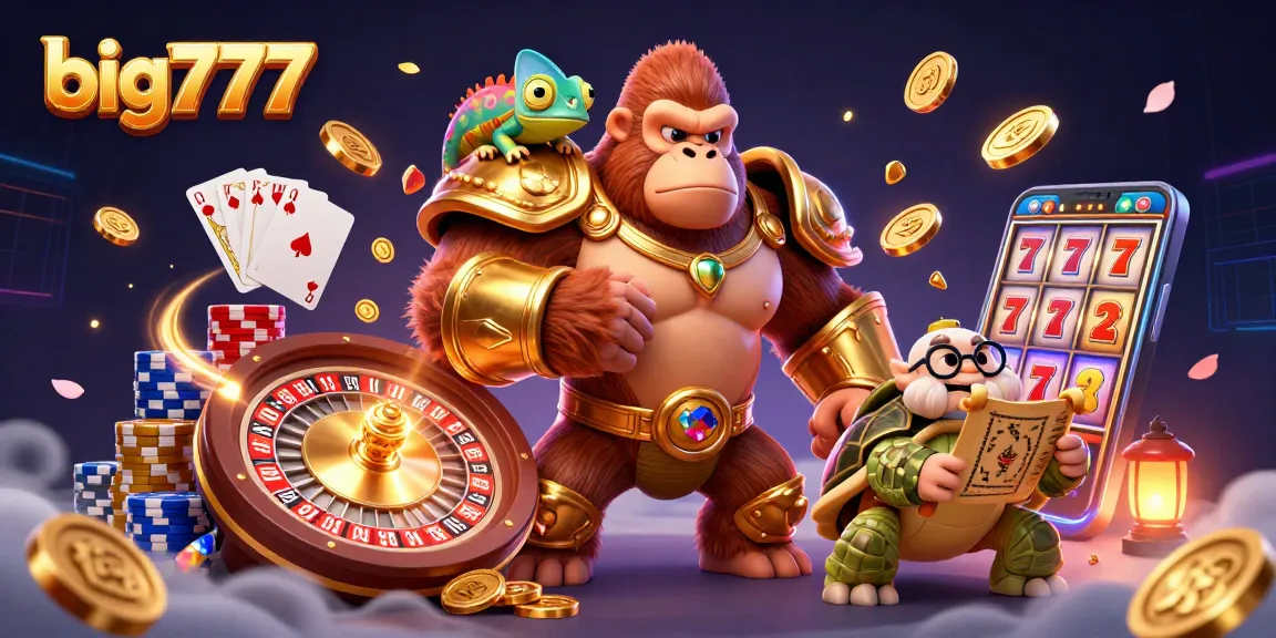 Experience big777 slots with vibrant 3D characters amidst cascading coins and rich casino elements.