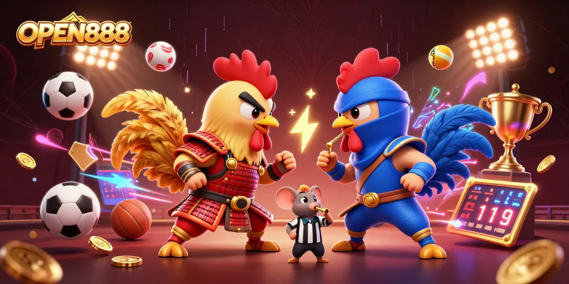 Bet on epic battles at OPEN888: dynamic roosters in armor amid a vibrant casino scene.