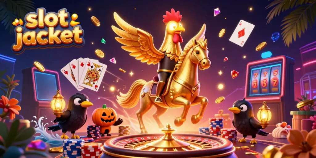 Menangkan slot jackpot dengan ilustrasi kasino animasi penuh warna yang mencakup karakter dan elemen menarik.
