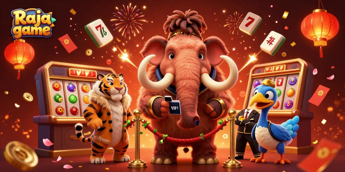 Join the excitement at Raja game with a cartoon mammoth bouncer checking IDs in a vibrant casino atmosphere.