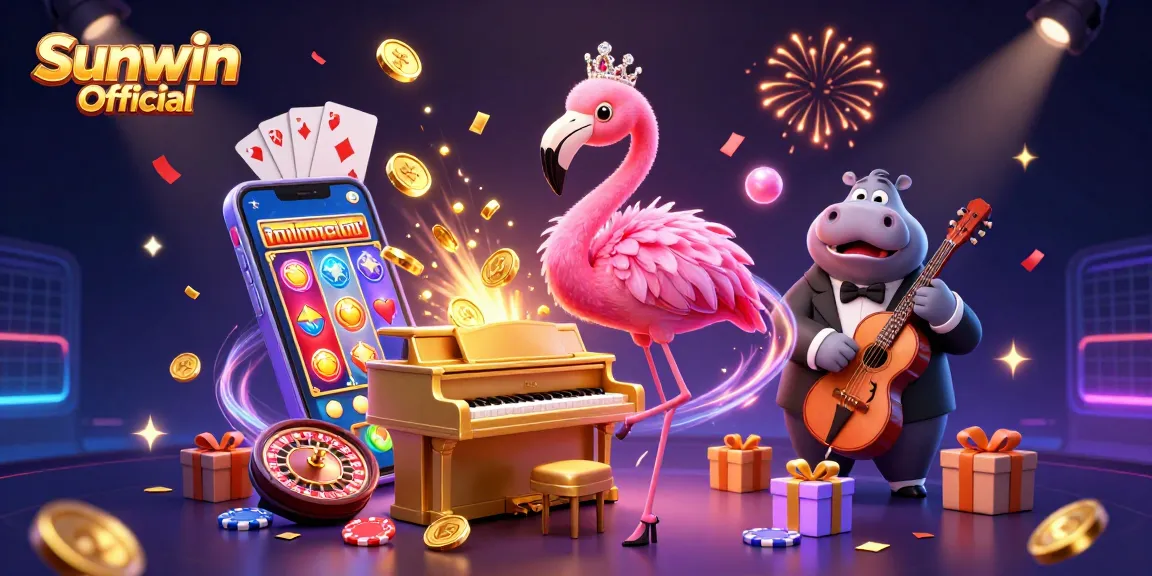 Engage with the vibrant Sunwin Official casino experience showcasing a dazzling 3D scene full of exciting game visuals.