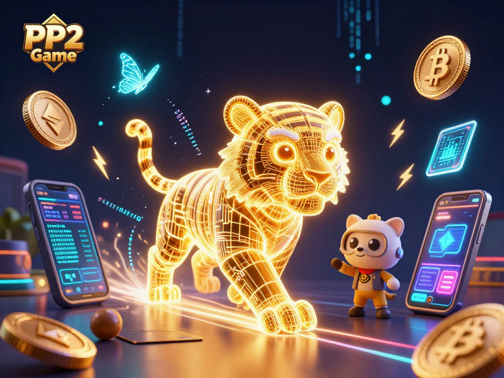 Engage with PP2 Game: A vibrant, dynamic digital casino landscape featuring a golden tiger and crypto elements.