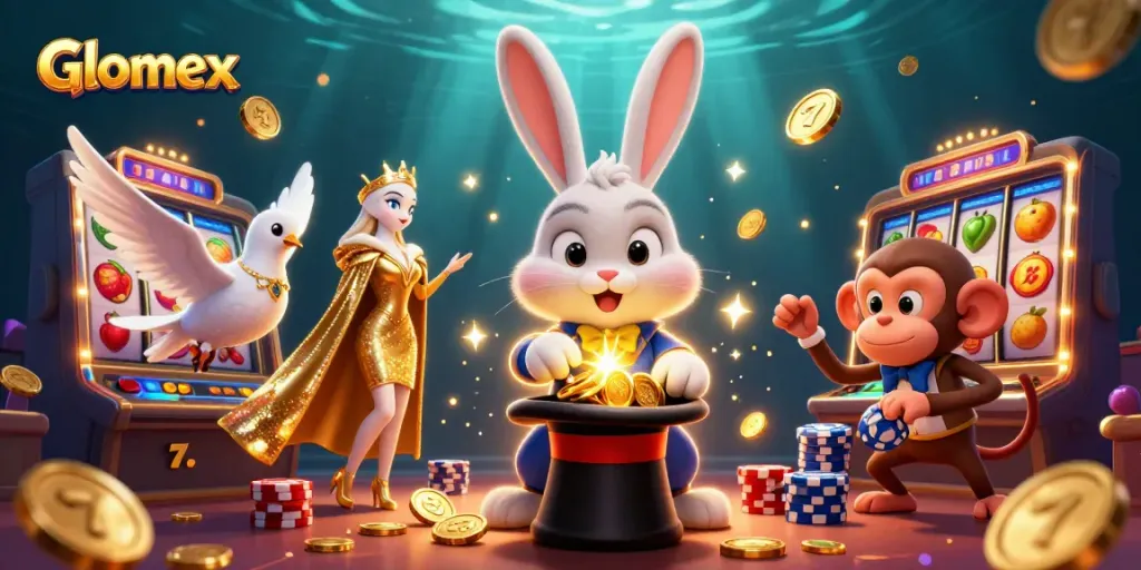 Glomex showcases a magical casino scene with a cartoon rabbit pulling golden coins from a hat.