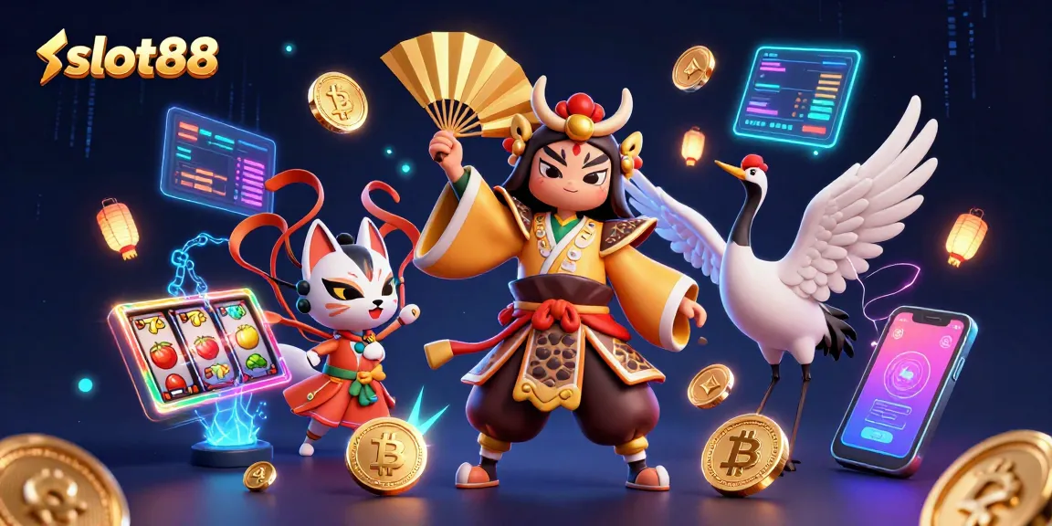 Menangkan permainan slot88 dengan simbol keberuntungan yang memukau dalam ilustrasi kasino digital.