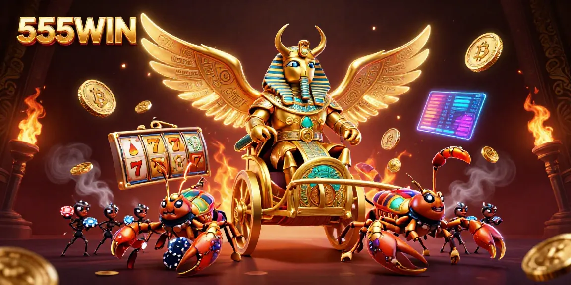 Experience thrilling slot games with 555WIN in this vibrant, detailed 3D casino illustration featuring unique characters and elements.