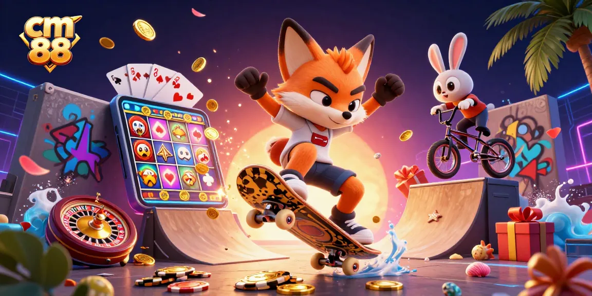 Engage with exciting games at cm 88, featuring vibrant 3D characters and dynamic casino elements.