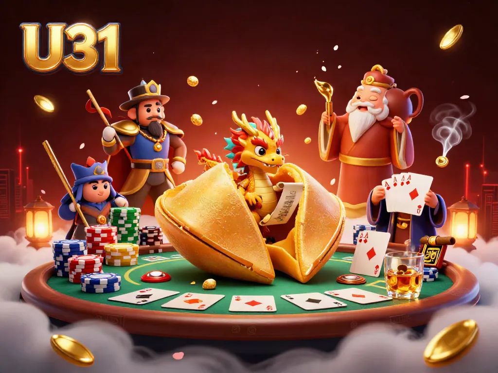 Experience thrilling gaming with U31 as fortune cookie characters engage at a lively poker table.