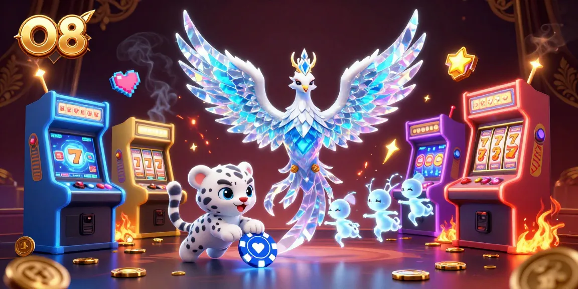 Experience the excitement of O8 with a vivid casino scene featuring colorful machines and engaging characters.