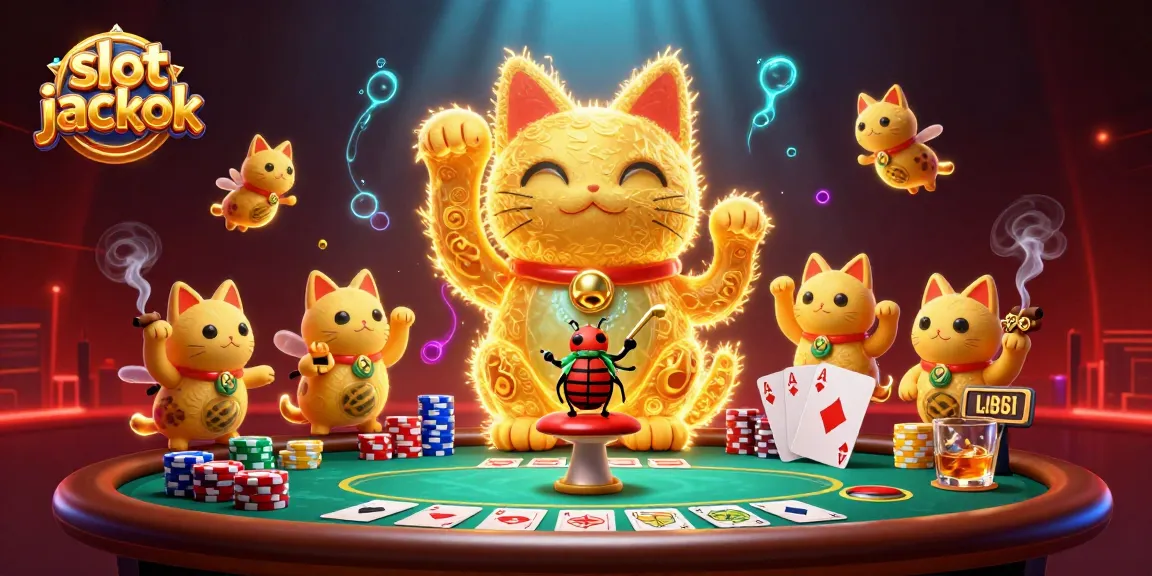 Mengguncang slot jackpot dengan simbol kucing beruntung dan suasana kasino yang penuh warna.