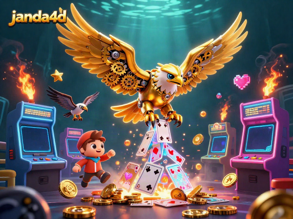 Gambaran janda4d dengan burung elang emas cybernetic dan kartu bermain holografik