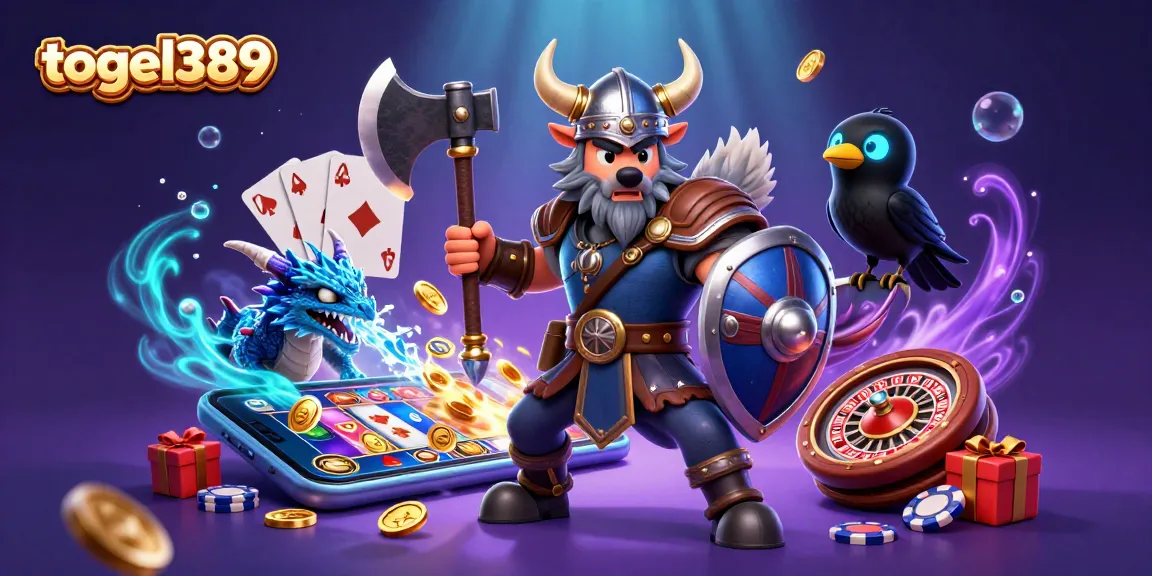 Experience thrilling gameplay with togel389 in a vibrant 3D illustration featuring game symbols and characters.